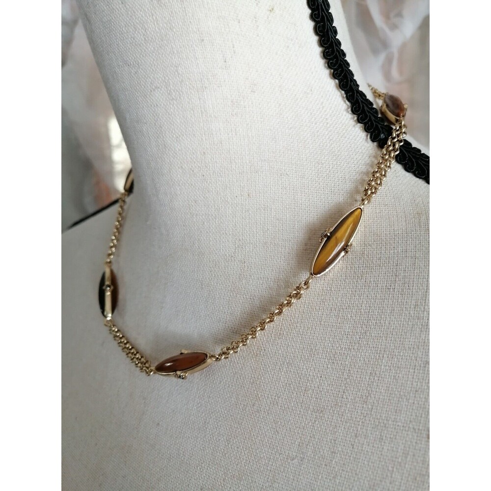 Vintage Monet Tigers Eye Necklace Rhinestone Accents Gold Tone